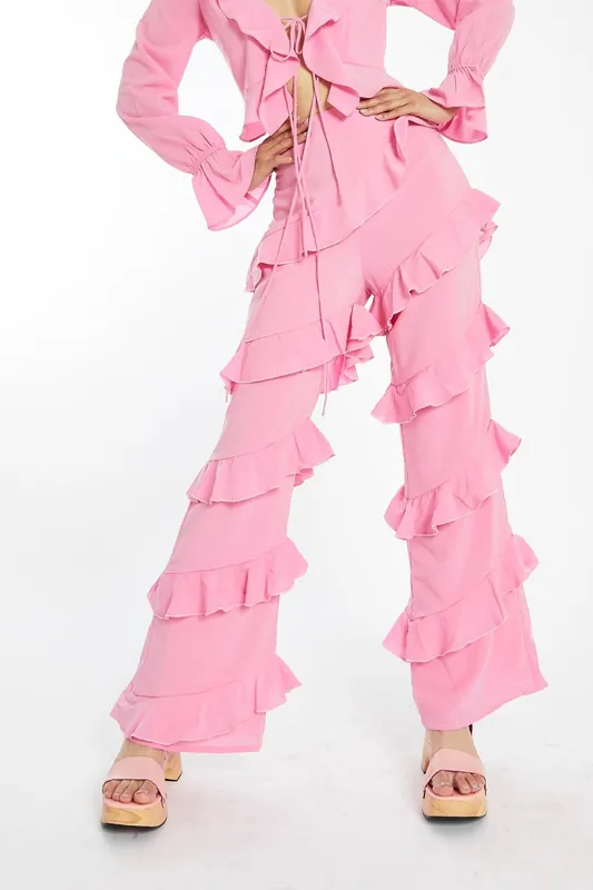 Asymmetric-Ruffle Flared-Trousers