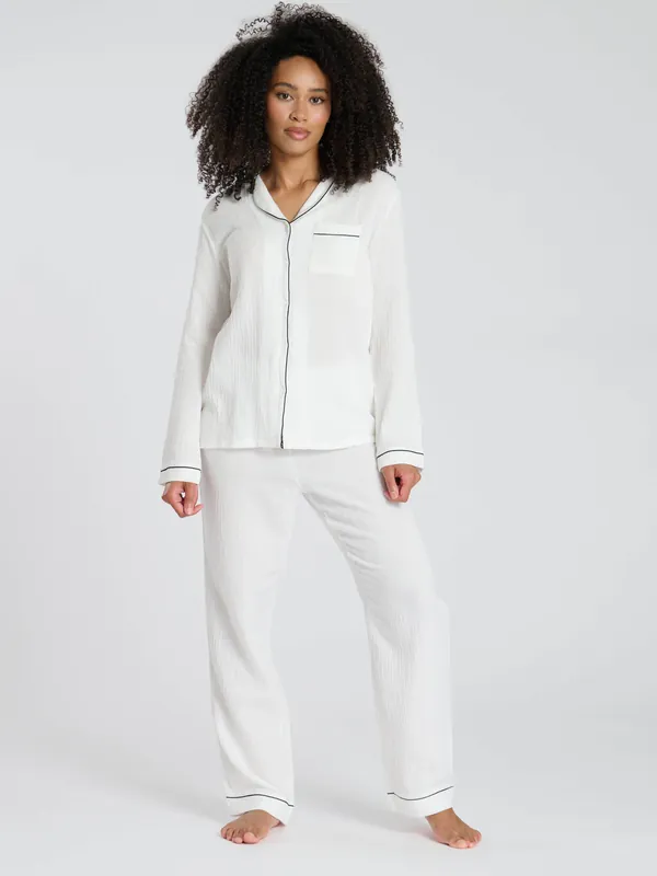 Cotton Crinkle Traditional Trouser Long Sleeve Set - Loungeable