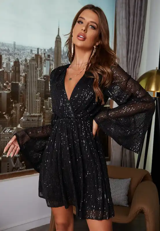 Black Sequin Flare Sleeve Dress - Divine Grace