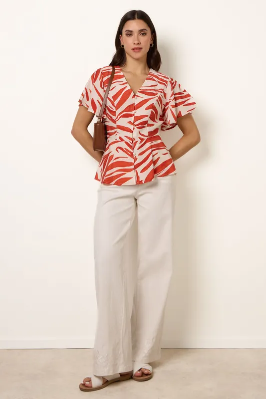 Beige Top with Brushstroke Leaf Print - Blue Vanilla