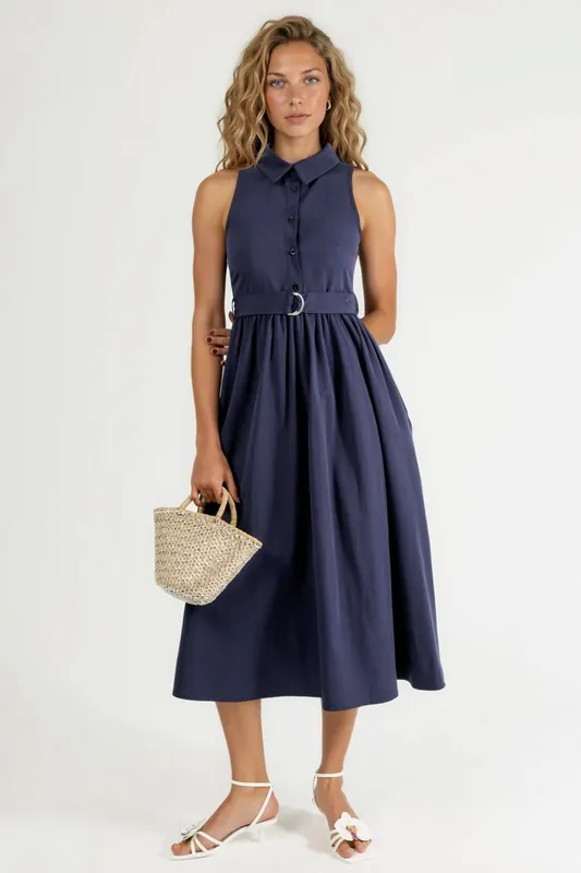 Belted Shirt Collar Midi Dress - Busem