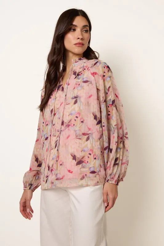 Pink Watercolour Floral Printed Tie Front Blouse - Blue Vanilla