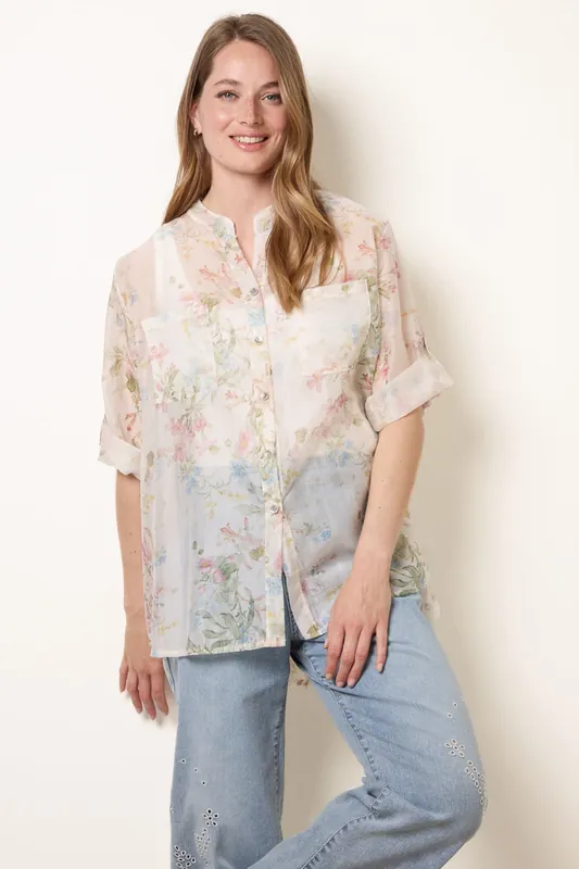White Sheer Floral Shirt - Blue Vanilla
