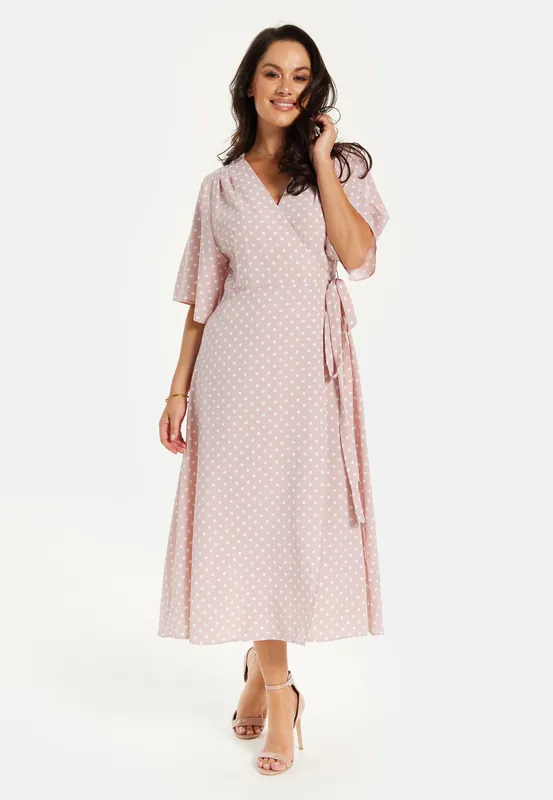 Polka Dot Midi Wrap Dress In Light Pink - Liquorish