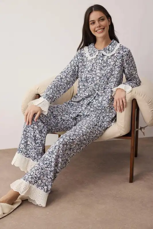 Floral Viscose Woven Lace Trim Long Sleeve Pyjama Set - WOVCOR