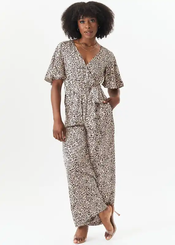 Tan Satin Animal Angel Sleeves Wrap Jumpsuit - Gini London