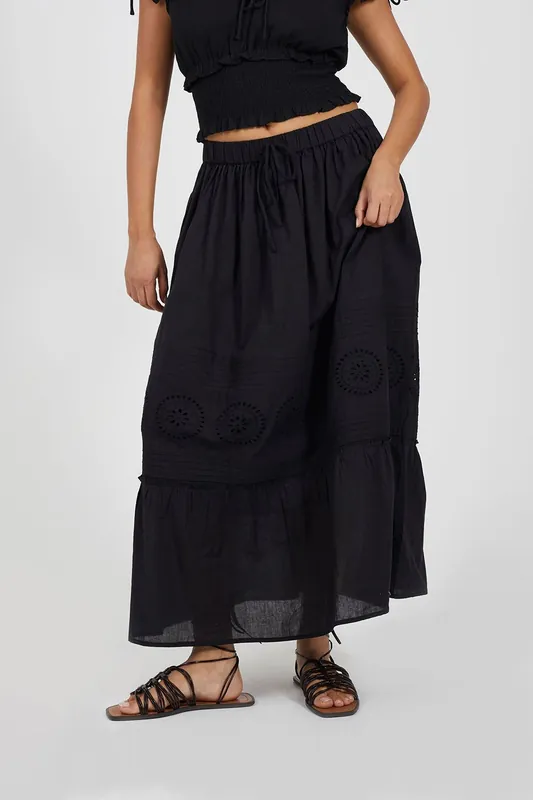 Tiered Maxi Skirt With Embroidery - Brave Soul