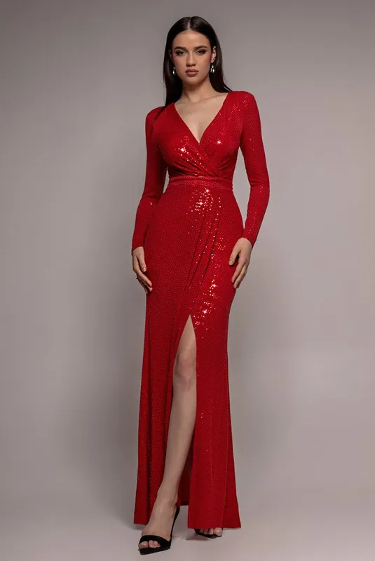 Glitter Sparkling Long Sleeve Wrap Maxi Dress - Goddiva