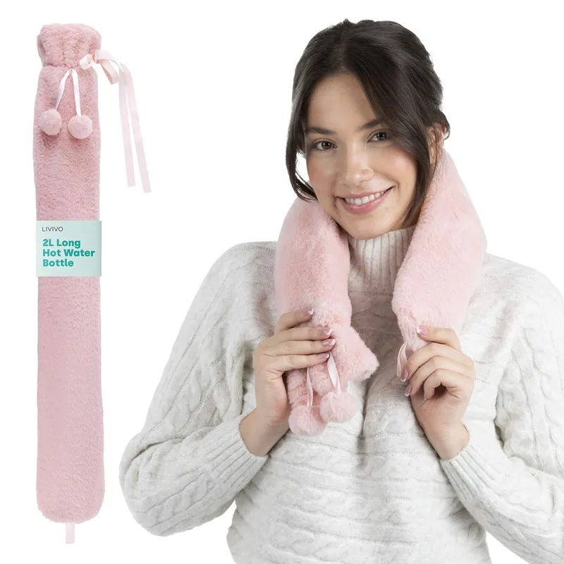 LIVIVO 2L Long Hot Water Bottle Pink - Pom-Poms Lattice Cover