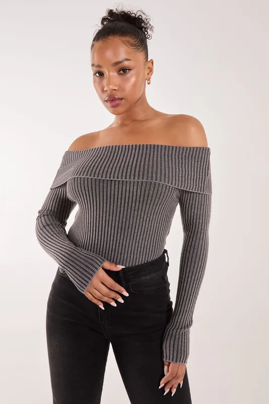 Two Tone Rib Bardot Top - Pink Vanilla