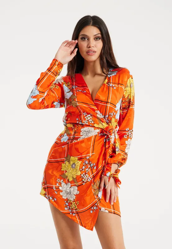 Checked Floral Print Mini Wrap Dress - Liquorish