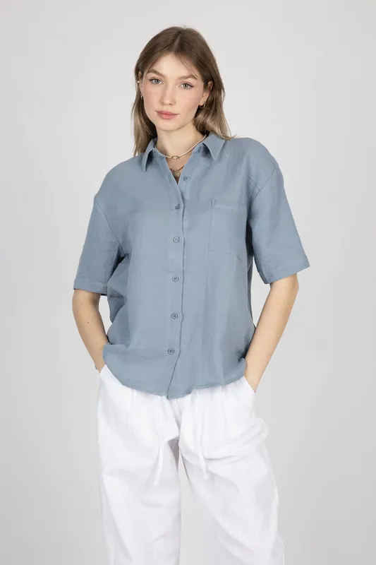 Short Sleeve Linen Shirt with Chest Pocket - Hiccup