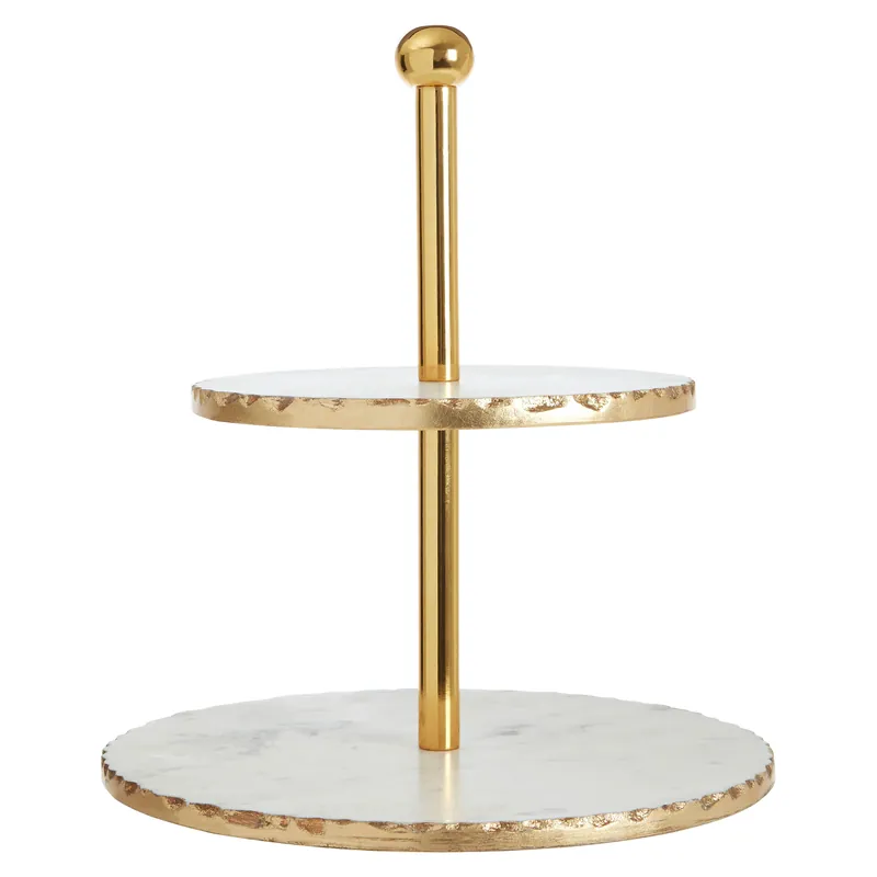 Empire 2 Tier White Marble And Gold Finish Cake Stand - Orsina