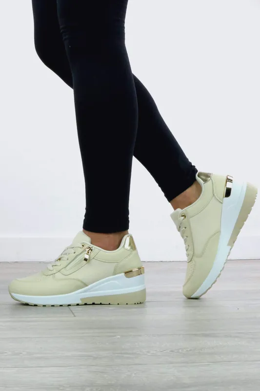 Mid Wedge Heel Gold Trim Lace Up Trainers - AJVANI