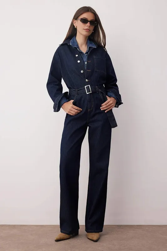 Button Front Belted Wide Leg Denim Jumpsuit - WOVCOR