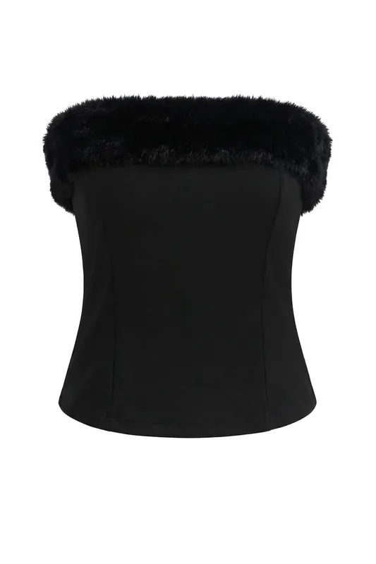 Strapless Faux Fur Trim Knit Party Blouse - WOVCOR