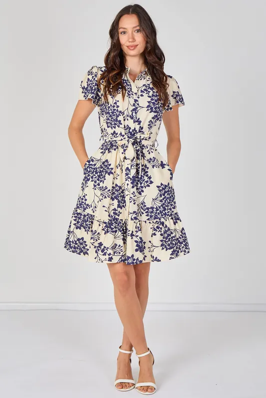 Cream and Navy Floral Print Short Sleeve Shirt Dress - Love Sunshine