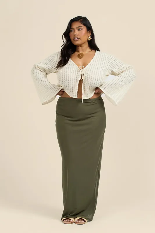 Curve Mesh Straight Fit Maxi Skirt In Khaki - FASHION-SZN