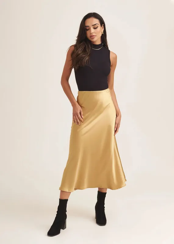 Sandy Gold Satin Bias Cut Midi Skirt - Gini London