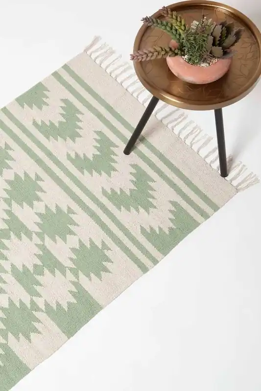 Turin Green & Natural Kilim Cotton Hallway Runner Rug, 66 x 200 cm - Homescapes