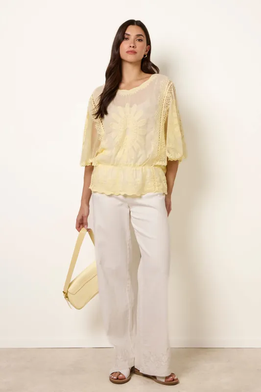 Lemon Sun Flower Lace Sleeve Blouse - Blue Vanilla