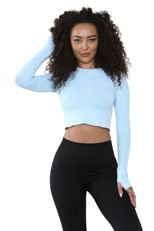 Neck Tie Dye Rib Seamless Slim Fit Long Sleeve Crop Top - ELAINA FASHION