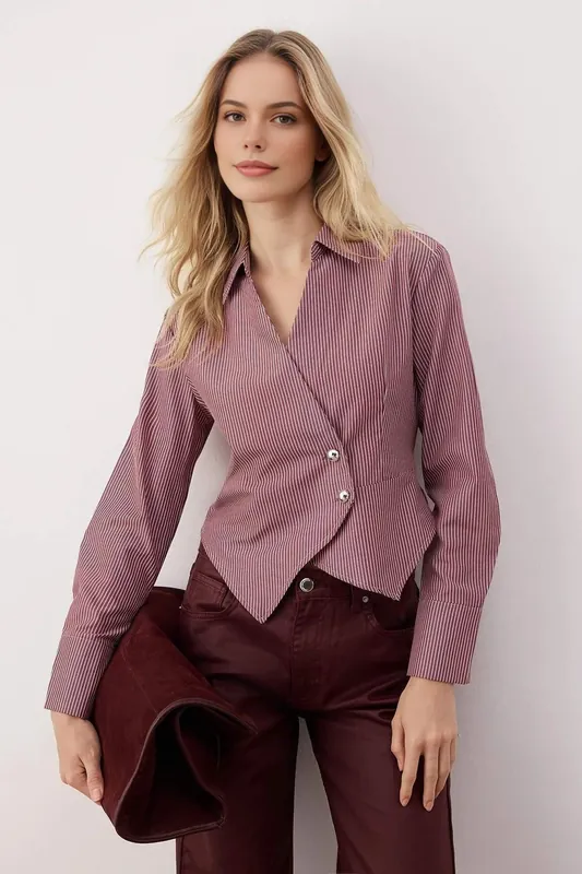 Pinstripe Asymmetric Wrap Collared Long Sleeve Shirt - WOVCOR