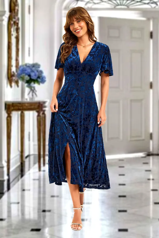 Floral Velvet Devore V neckline Dress In Navy - FS Collection