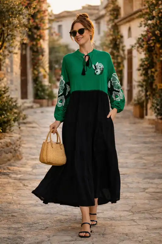 Embroidered Long Sleeve Midi Dress with Tie Neck Detail in Green - Belissh