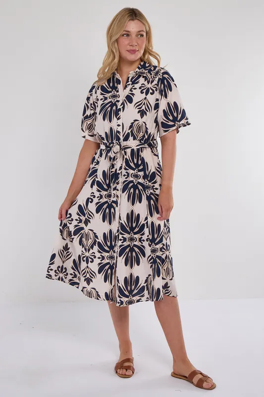 Navy Abstract Print Short Sleeve Midi Dress - Love Sunshine