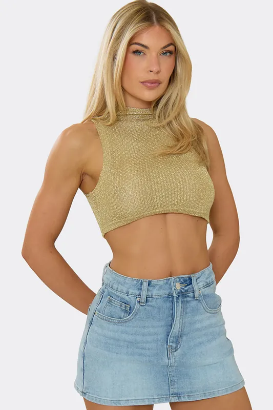 Sleeveless High Neck Textured Crop Top - EGO