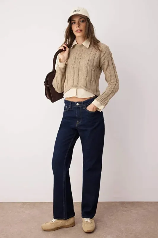 Cropped Cable Knit Jumper with Shirt Panel Detail - WOVCOR