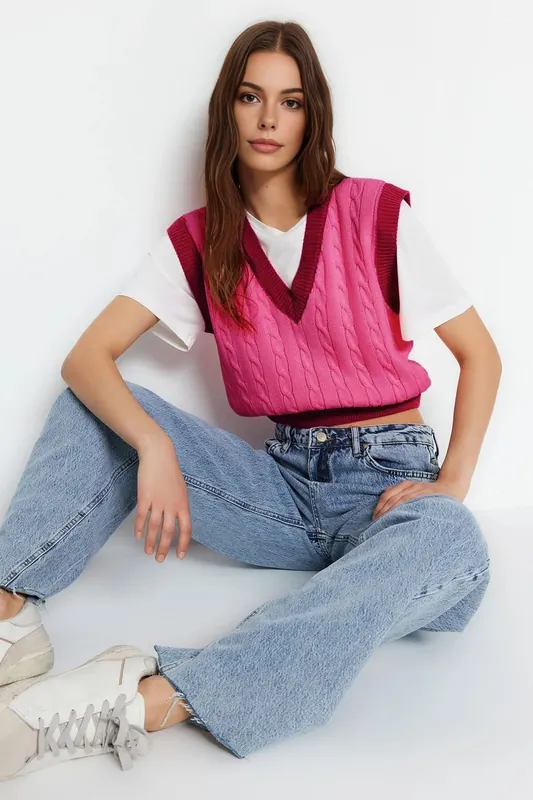 Cropped Colour Block Cable Knit Sweater Vest - WOVCOR