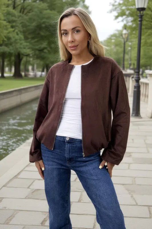 Chocolate Faux Suede Bubble Hem Bomber Jacket - AX Paris