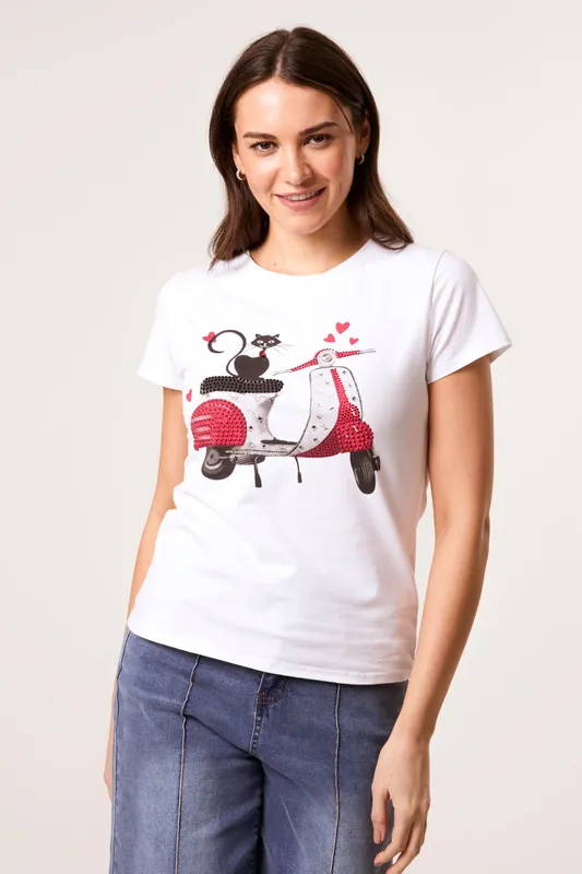 White Printed Cat T-Shirt