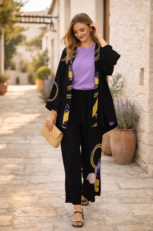 Abstract Print Kimono Co-Ord Set – Purple