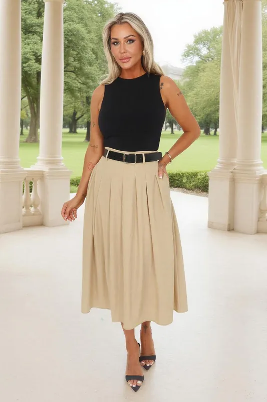 Stone 2 in 1 Pleated Skirt Belted Midi Dress - AX Paris