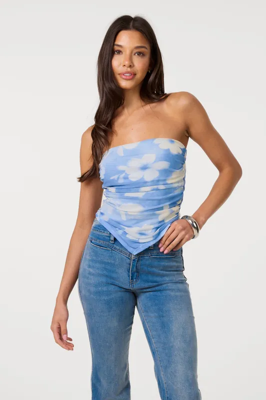 Blue Floral Printed Mesh Bandeau Top - Pink Vanilla