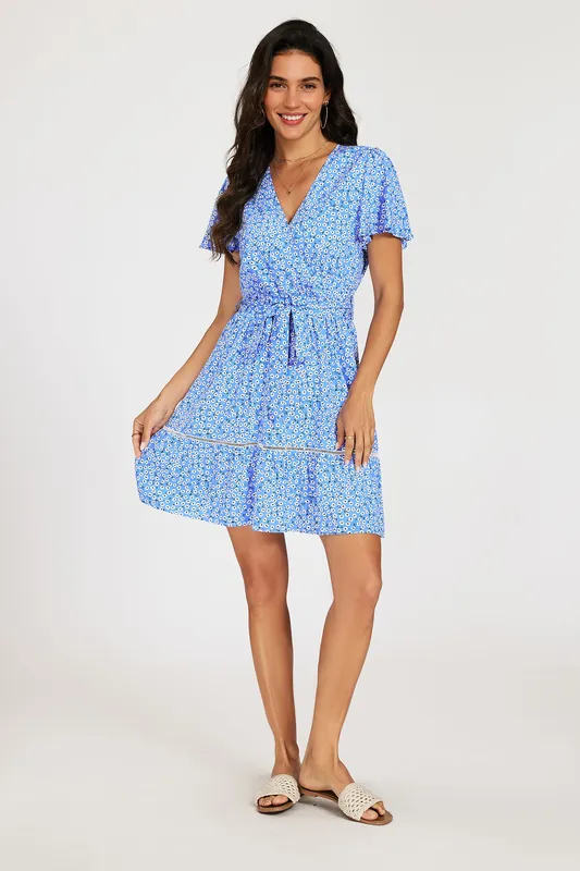 Floral Wrap Front Mini Dress with Lace Trim Hem - FS Collection