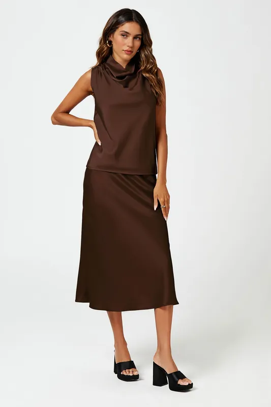 Sleeveless High Neck Drape Detail Satin Blouse Top - FS Collection