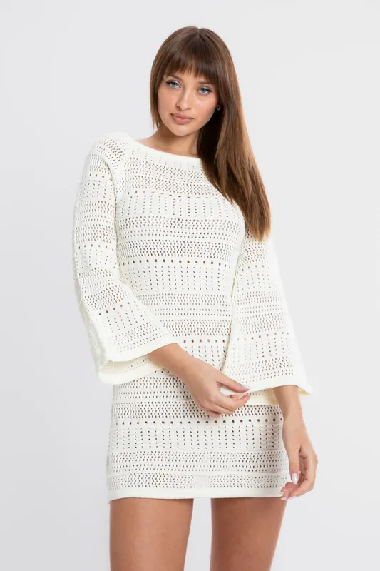 Knitted Boat Neck Long Sleeve Mini Dress - Hiccup