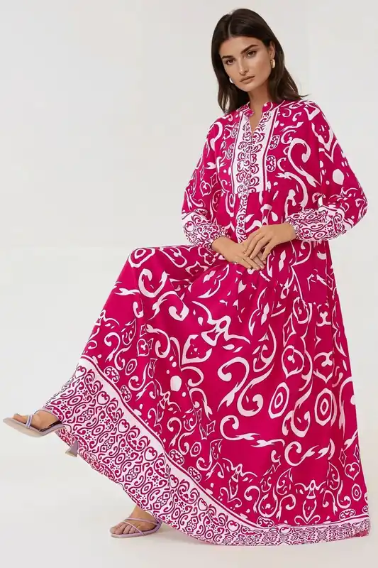 Printed Long Sleeve Viscose Maxi Dress - Hiccup
