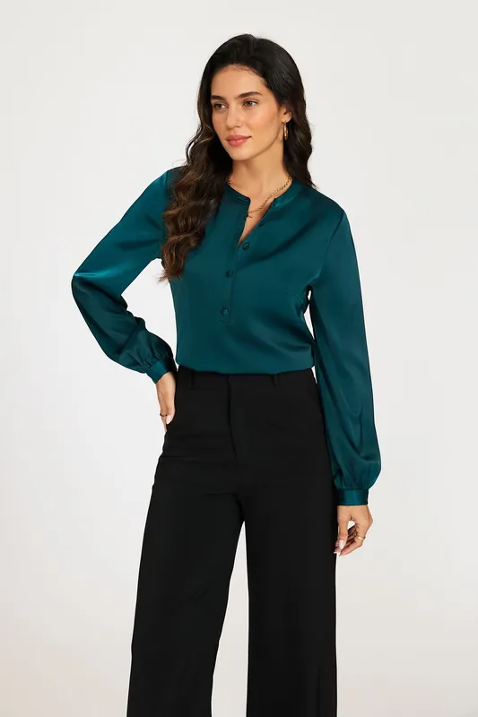 Grandad Collar Button Front Satin Blouse - FS Collection
