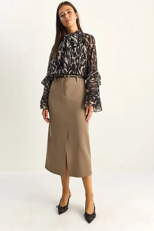High-Waist Midi Pencil Skirt With Slit