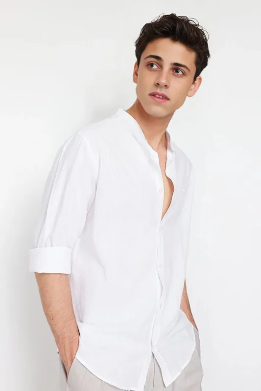Men's 100% Cotton Grandad Collar Shirt with Subtle Embroidery - WOVCOR