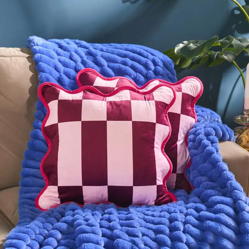 2 x Scallop Edge Checkerboard Matte Velvet Cushion Covers - OHS