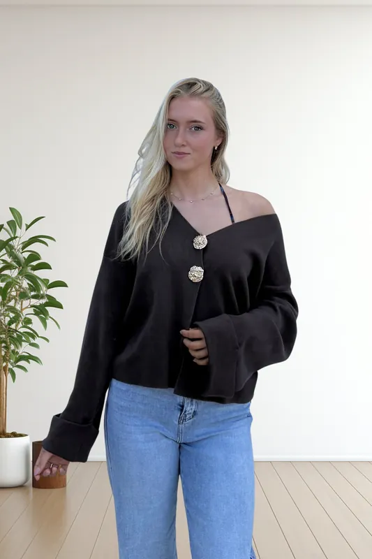 Brown V-Neck Knit Long Sleeve Gold Button Cardigan