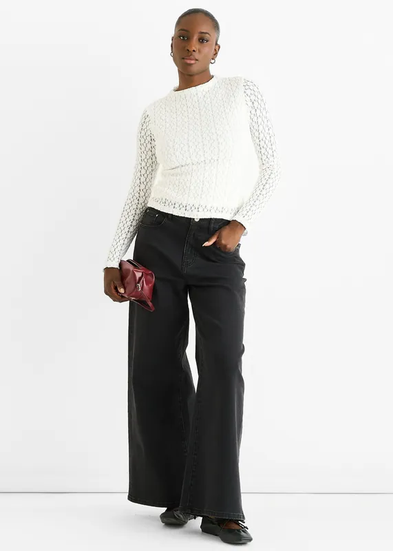 White High Neck Jersey Lace Long Sleeves Top - Gini London