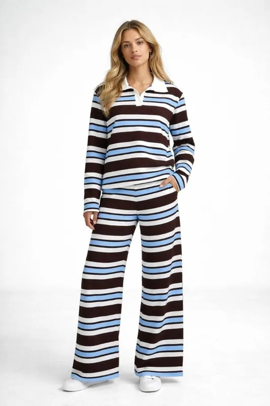Striped Collar Long Sleeve Top and Wide Leg Trouser Co-Ord