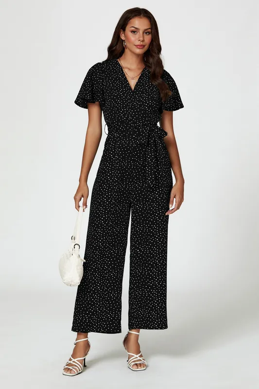 Dot Print Wrap Top Jumpsuit In Black - FS Collection